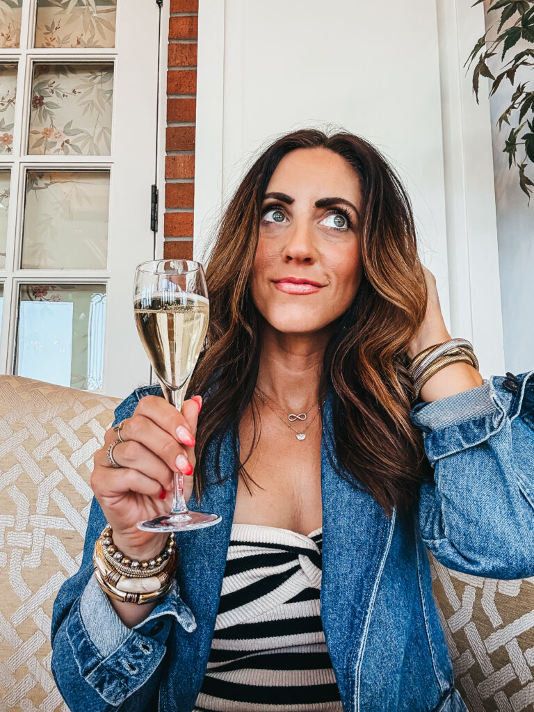 napa outfit idea - striped knit tubetop with cream jeans and a denim blazer - This is our Bliss