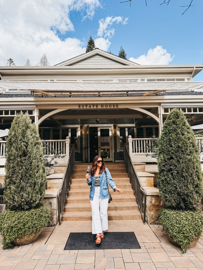 napa outfit idea - striped knit tubetop with cream jeans and a denim blazer - This is our Bliss