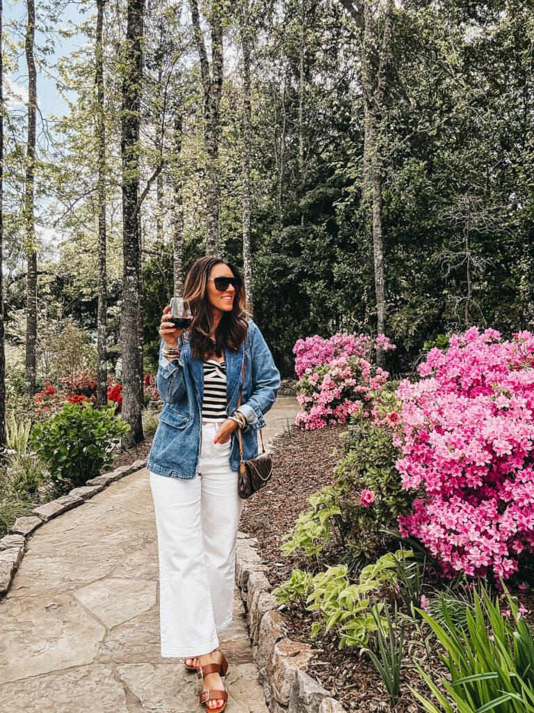 napa outfit idea - striped knit tubetop with cream jeans and a denim blazer - This is our Bliss