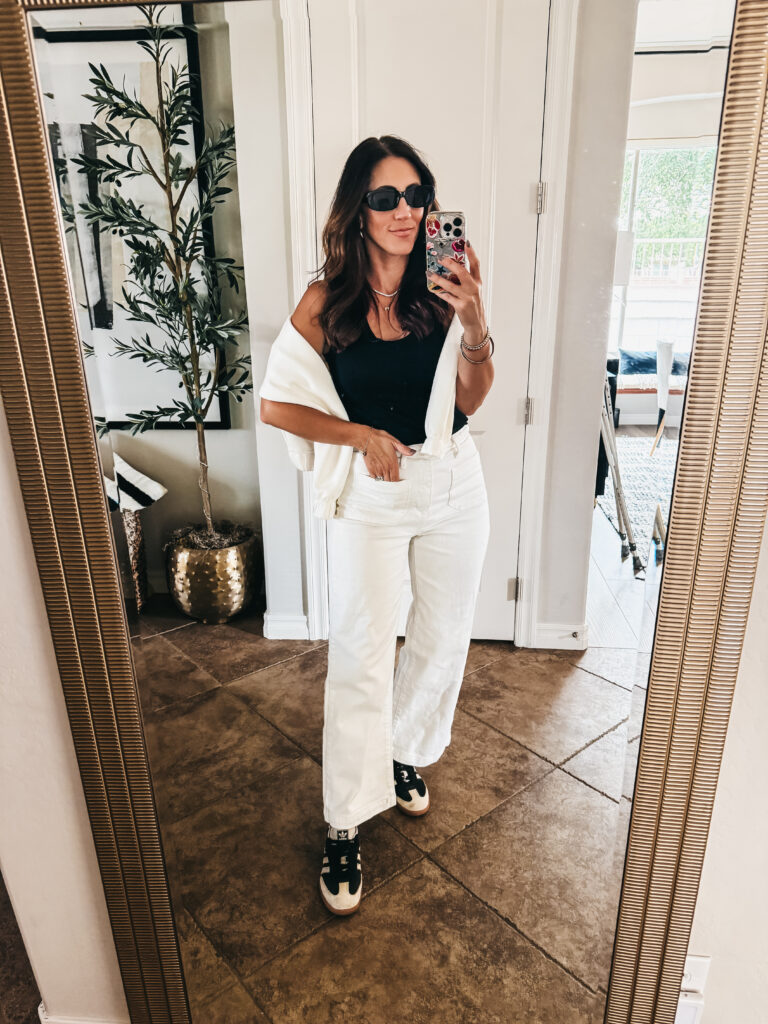wide leg ivory jeans in a casual outfit - This is our Bliss