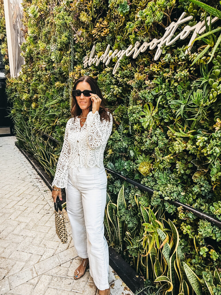 all white look in La Jolla - wide leg ivory jeans - This is our Bliss