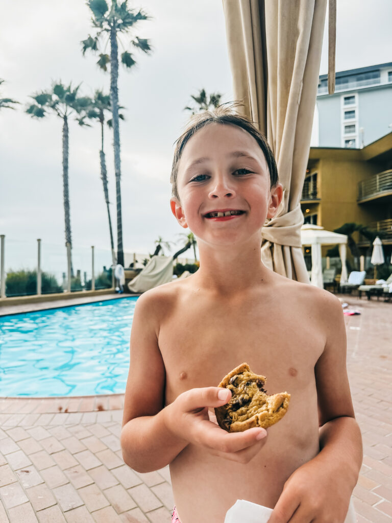 warm chocolate chip cookies poolside - Pacific Terrace Hotel on Pacific Beach San Diego, CA - This is our Bliss