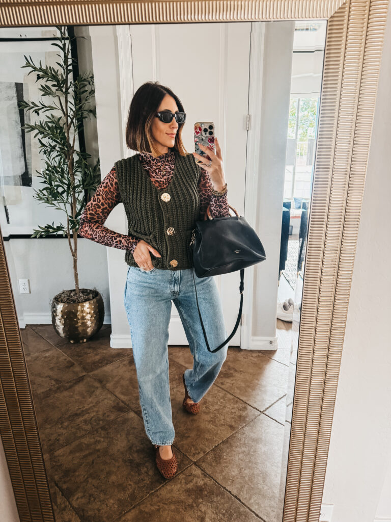 fall outfit idea - mesh leopard top with olive green vest & jeans - This is our Bliss