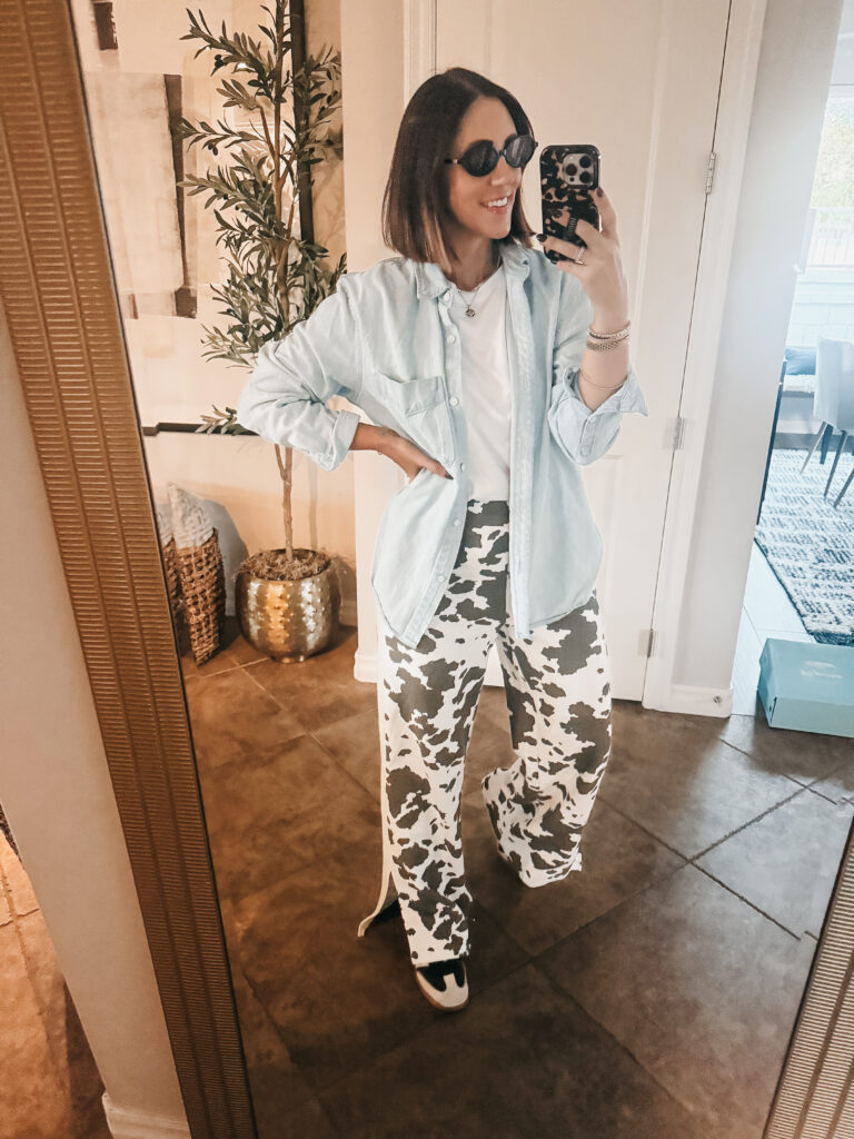 wide leg cow print lounge pants - travel outfit to the ranch - This is our Bliss