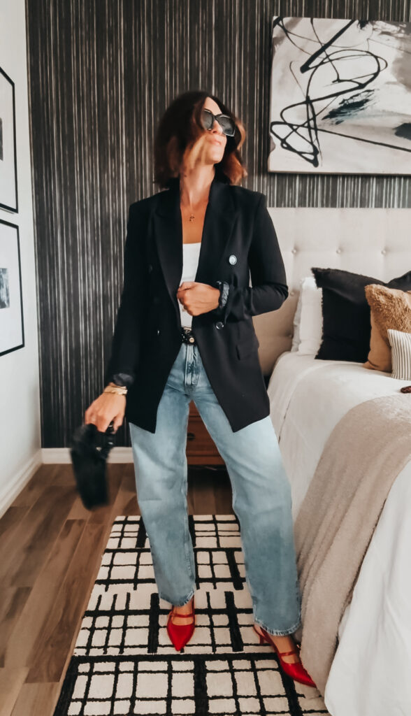 black blazer & jeans with red heels - This is our Bliss