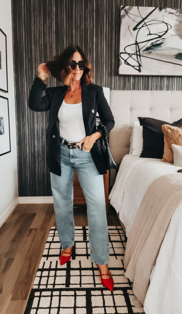 black blazer & jeans with red heels - This is our Bliss