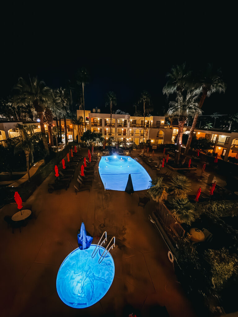 pool at night - our pool & mountain view room - palm springs getaway - Palm mountain hotel & spa - This is our Bliss
