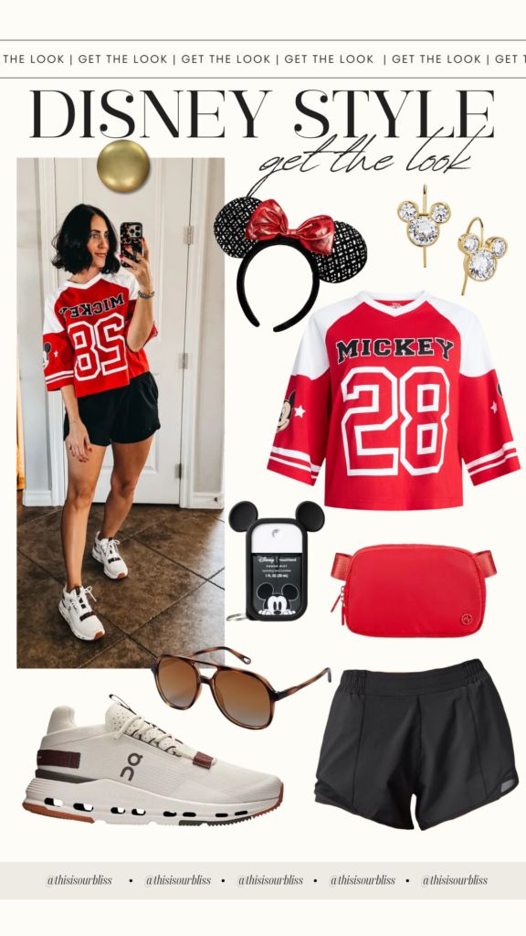 what to wear to disney - what I packed and wore to disneyland - red mickey jersey and athletic shorts - This is our Bliss