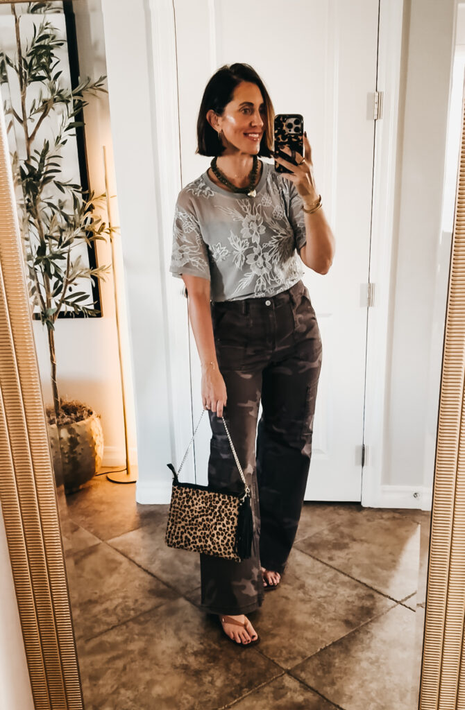 OUTFIT 2: FLORAL MESH Tee & CHOCOLATE BROWN Camo Cargo Pants - Walmart fall fashion - This is our Bliss